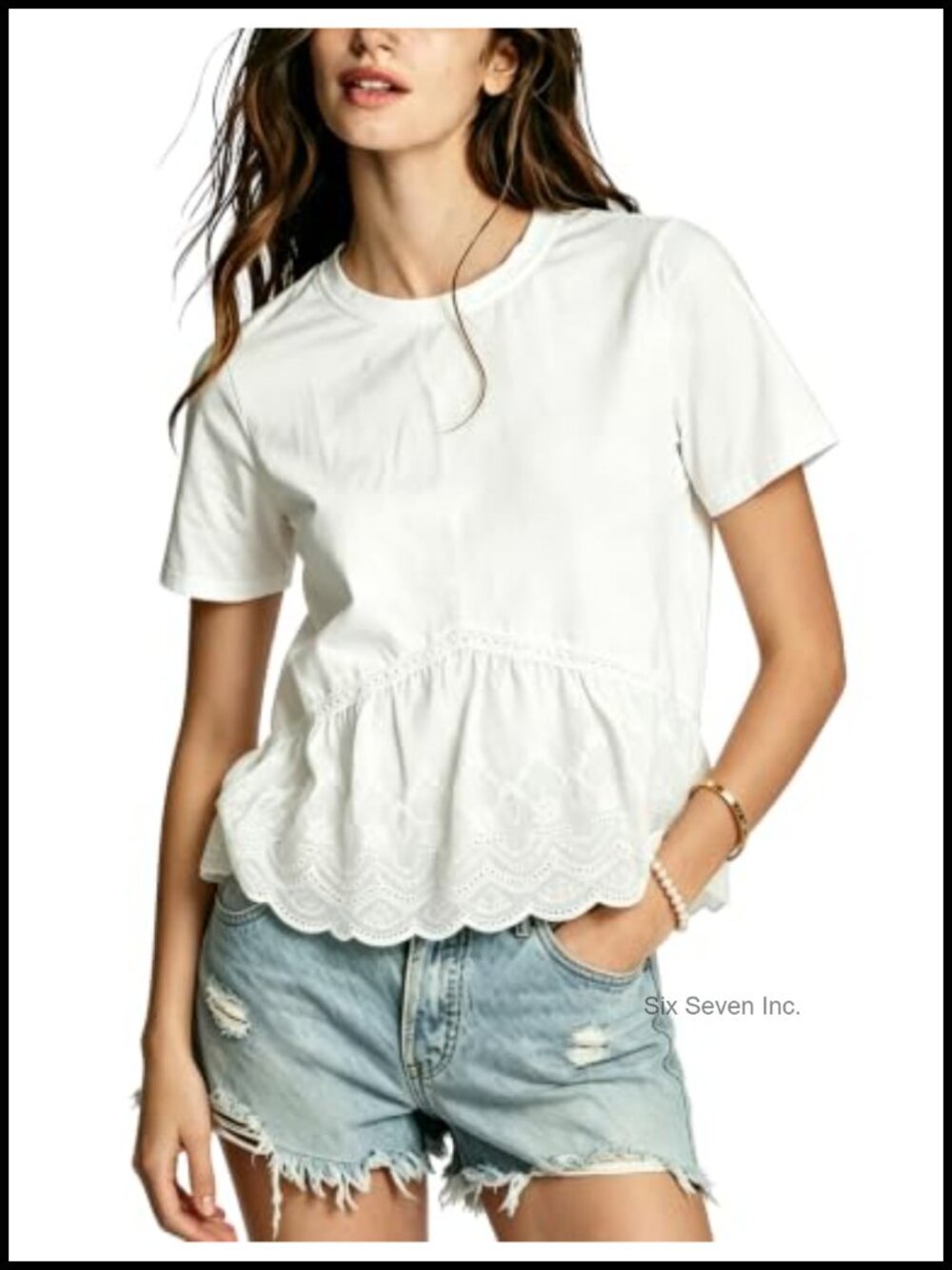 Women's Cotton Blend Babydoll Crop Blouse Embroidered Ruffle Top